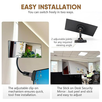 Clip On Security Mirror Stick-On Office Desk Mirror for Personal Safety Desk Rear View Monitor Computer Cubicle Cabinet Workstation Security Gooseneck (6.69"x2.95" 2 Brackets 1 Framed)