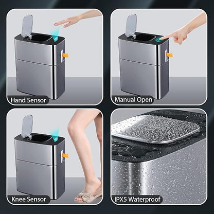 MOPUP Bathroom Trash Cans with Lids | 4.5 Gallon Motion Sensor Stainless Steel Automatic Privacy Garbage Can | Smart Dogproof Trash Bin for Bedroom,Office,Toilet,RV
