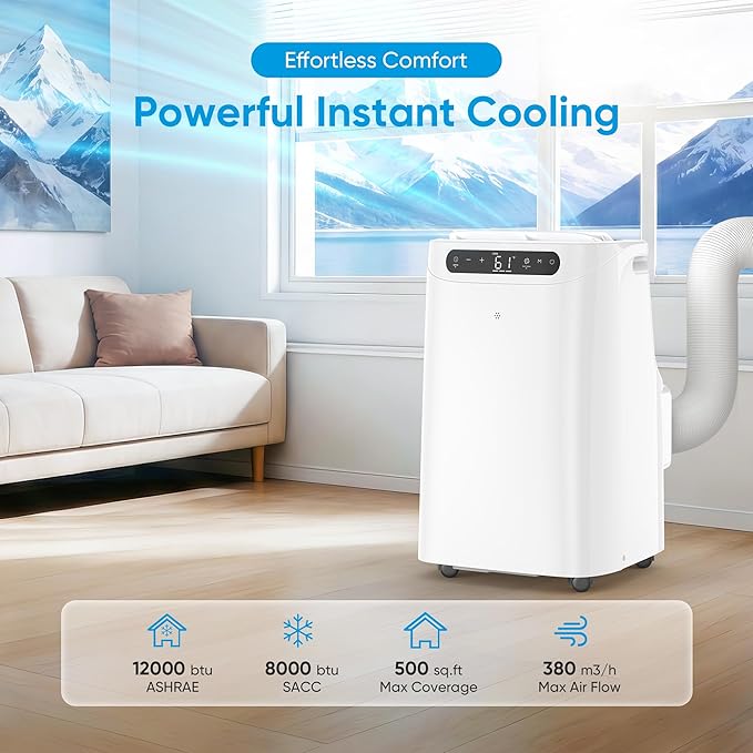 12000 BTU Portable Air Conditioners for Room Cooling up to 500 Sq. Ft, 3-IN-1 Quiet Portable AC Unit with Dehumidifier Fan, Remote Control, Smart Sleep Mode, 24H Timer, Windows Kit Included