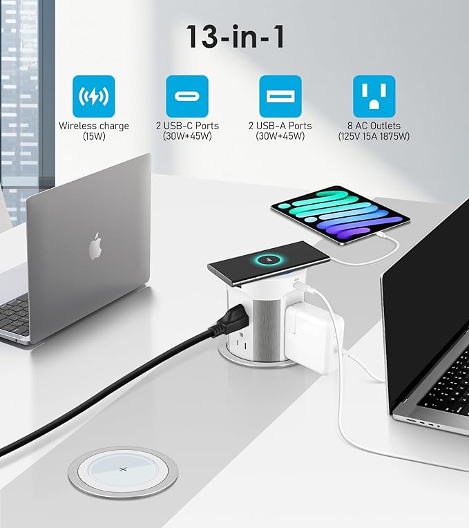 Pop Up Outlet for Countertop, 15W Wireless Charger PD 45W, 2 USB-A & 2 USB-C & 8AC Outlets 15A Tamper Resistant, 4-inch Island Kitchen Pop Out