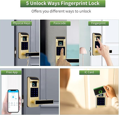 Harfo Smart Door Lock, Heavy Duty 5 in 1 Keyless Entry Door Lock, Full App Control Digital Keypad Lock, Reversible Handle with Fingerprints and Passcodes for Family/Office/Apartment (Gold)