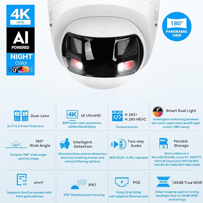 VIKYLIN 8MP 4K Dual Lens Poe IP Security Camera with 180° Panoramic Wide Angle,Smart Hybrid Light, Human/Vehicle Detection, Strobe Light&Audible Warn,2-Way Audio, 512 GB SD Card Slot,IP67 (2mm Lens)