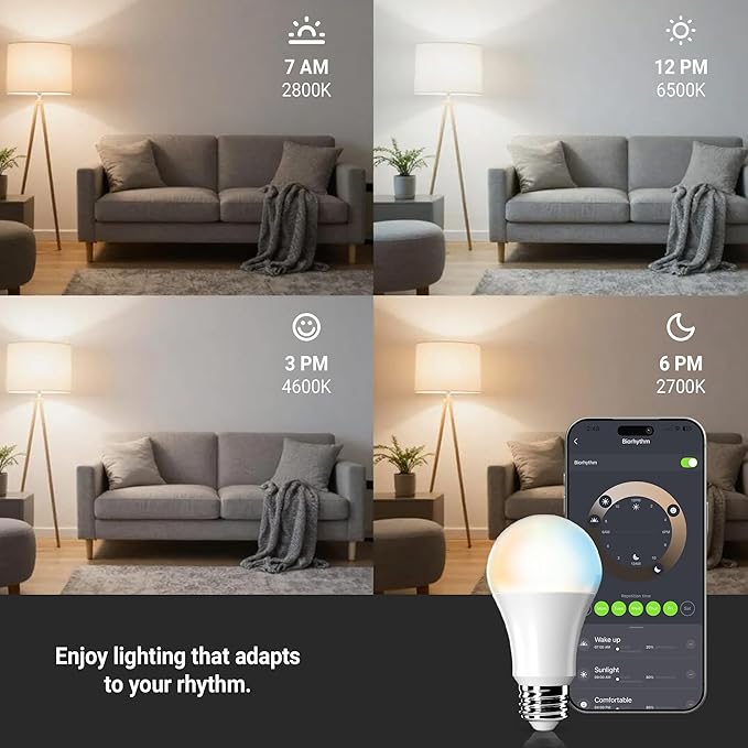 Leona Smart Light Bulbs, LED, Tunable White 2700K-6500K, 9W, 800 Lumens, WiFi, Dimmable, A19, E26 Base, Compatible with Alexa & Google Home (4-Pack)