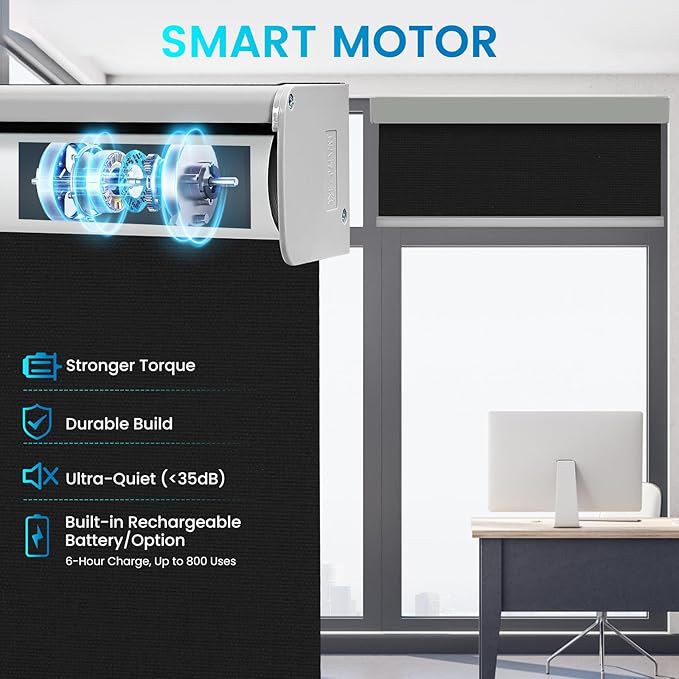 Motorized 100% Blackout Roller Shades – Custom Smart Blinds with Remote Control, Rechargeable Battery or Plug-in Motor, Tuya WiFi Optional, Home & Office Automatic Window Shades (Black/CH9296)