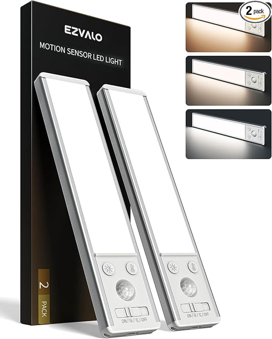 EZVALO 8" Under Cabinet Lighting, 2400mAh Rechargeable Motion Sensor Light Indoor, Mini & Slim Design, 3 Color Temps, Dimmable Magnetic Wireless Closet Lights for Kitchen, Pantry, Stairs (2 Pack)