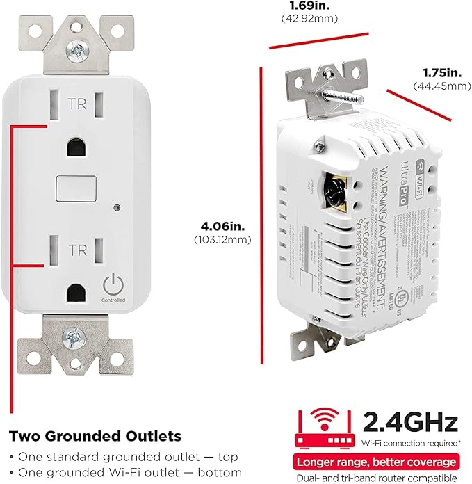 UltraPro in-Wall Smart Outlet, Receptacle, 2.4 GHz Wi-Fi, No Hub Required, Compatible with Alexa & Google Assistant, Tamper-Resistant, 1 Wi-Fi & 1 Always On Outlet, Easy-to-Use-App, 2 Pack, 51416