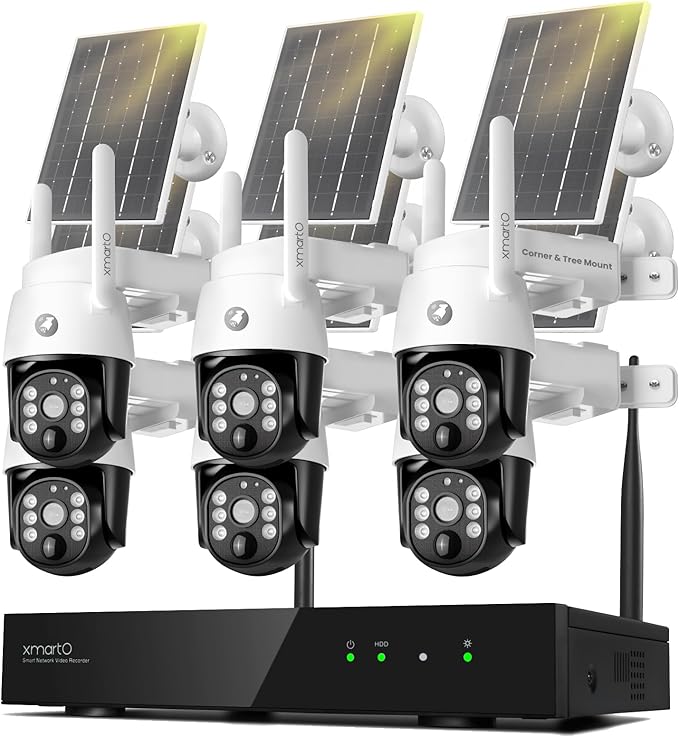 xmartO Virtual Bundle: 10CH 4K Dual WiFi6 NVR + 6x4MP QHD Solar PTZ Cameras, Automotive-Grade Battery All-Weather-Charge, 5G 1300ft Long Range H.265+, Outdoor/Indoor Wire-Free, Wall/Tree/Pole/Ceiling