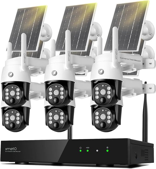 xmartO Virtual Bundle: 10CH 4K Dual WiFi6 NVR + 6x4MP QHD Solar PTZ Cameras, Automotive-Grade Battery All-Weather-Charge, 5G 1300ft Long Range H.265+, Outdoor/Indoor Wire-Free, Wall/Tree/Pole/Ceiling