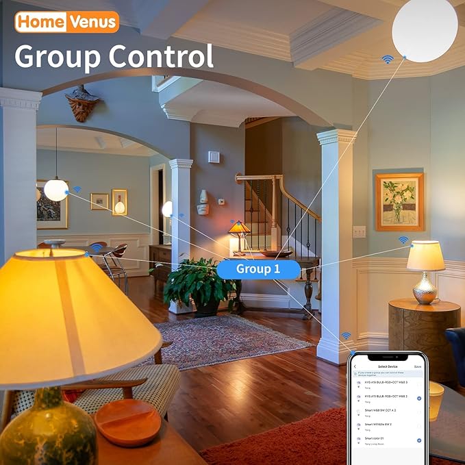 HVS Smart Light Bulbs, 5 Packs 9W A19 E26 Dimmable Tunable Cool Warm White LED Light Bulb 2500k-6500k, APP Control 2.4GHz WiFi(Only) Bluetooth Assist Connection, Work with Alexa/Google Assistant