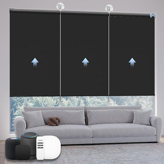 Motorized Coupled Shades, Blackout Smart Blinds for Large Windows Automatic Blinds Compatible with Alexa, Motorized Roller Shades Customized for Bedroom Home Office(Blackout-Vinyl Black)