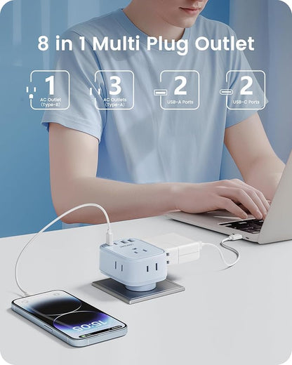 LENCENT Multi Plug Outlet Extender with USB C, Electrical Outlet Expander | with 4 AC & 4 USB Charger Cube, Small Multiple Wall Tap Plug Splitter for Home Office Travel Dorm Essentials - Blue
