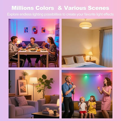 VTimes Smart Light Bulbs, A19 E26 WiFi Bluetooth LED Smart Bulb, Color Changing RGBCW Dimmable Bulb, Works with Alexa & Google Home, 16 Million Colors 2700K-6500K, 9W 800 Lumens 60W Equivalent, 4 Pack