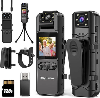 kaysunlink 4K 128GB Body Camera with 1.4” Screen Audio and Auto Video Night Vision Mini Police Wearable Body Worn Cam Portable Small Personal Camcorder Sport Action Outdoor Video Recorder (4K-128GB)