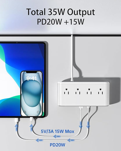 10-in-1 USB Charging Station with PD 20W Fast Charging, Surge Protector 6 USB Ports 4 AC Outlets 4.9ft Travel Power Strip with USB Ports Extension Cord for Home/Office/Travelling