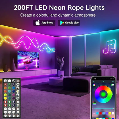 LETIANPAI 200Ft Neon Rope Lights,Flexible Led Rope Lights Control with App/Remote,Multiple Modes Music Sync Gaming RGB Led Neon Lights for Bedroom Outdoor (200FT/60M)