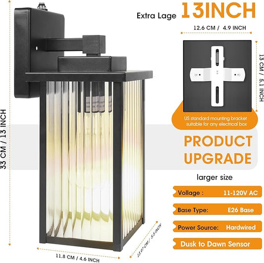 13 Inch Matte Black Outdoor Wall Light, Dusk to Dawn Waterproof Exterior Light Fixture for Porch, Front Door or Garage