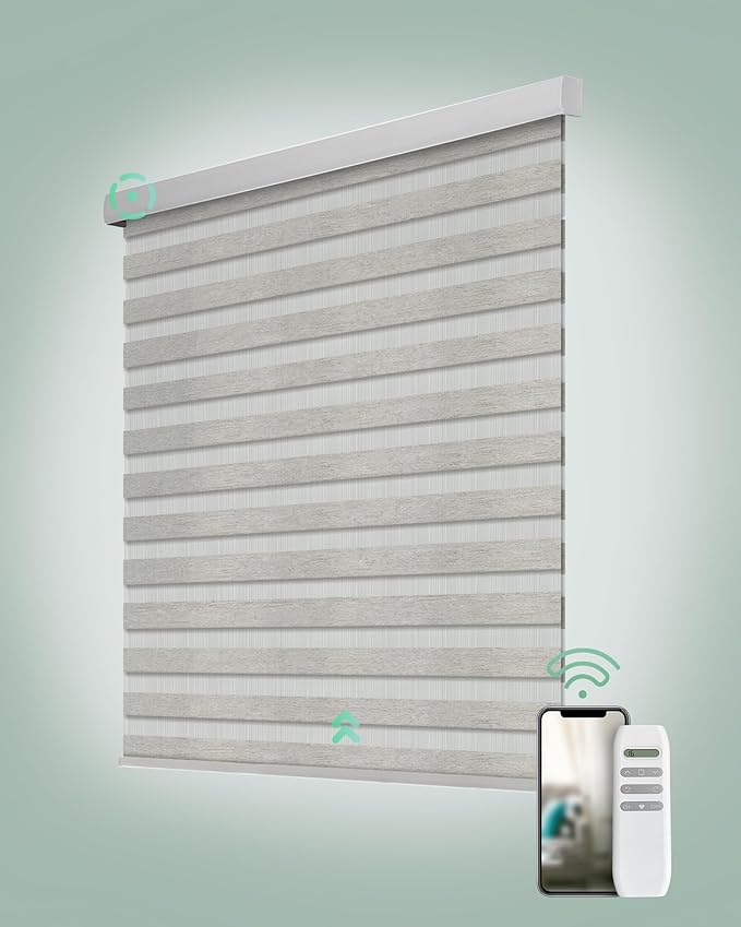 Yoolax Motorized Zebra Blinds, Remote Zebra Shades for Indoor Windows, Motorized Shades with Remote Light Control Horizontal Window Blinds Custom Size(70% Shading Warm Silver)