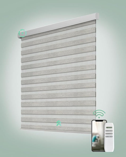 Yoolax Motorized Zebra Blinds, Remote Zebra Shades for Indoor Windows, Motorized Shades with Remote Light Control Horizontal Window Blinds Custom Size(70% Shading Warm Silver)