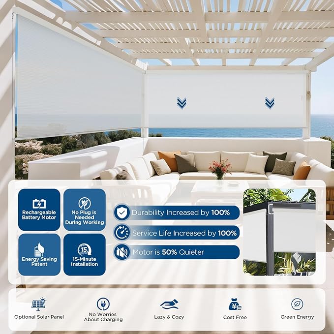 Motorized Outdoor Shades, Custom Patio Roller Blinds with Remote, Smart Exterior Sun Shades Compatible with Alexa, HomeKit, Google Home (1% Openness Sliver)