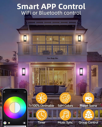 RAYVO Smart Outdoor Wall Light, RGB Color Changing Sconce with App & Voice Control, Dusk to Dawn Outdoor Lighting, Adjustable 2700K–6500K, Waterproof Exterior Light Fixture for House Porch Garage