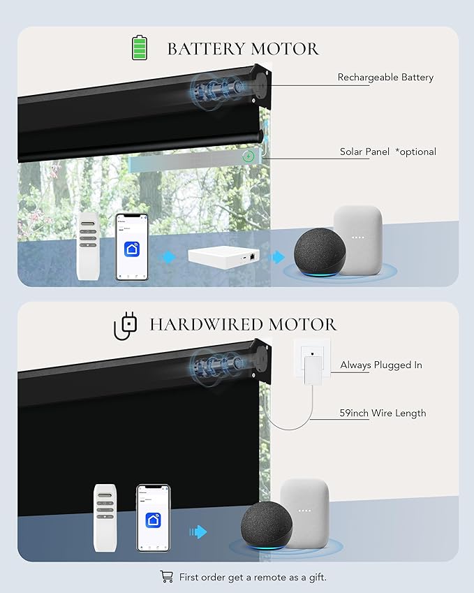 Motorized Blinds Compatible with Alexa Google Custom to 115" Width 100% Blackout Smart Blind Automatic Large Window Roller Shades Remote Control Vinyl Black