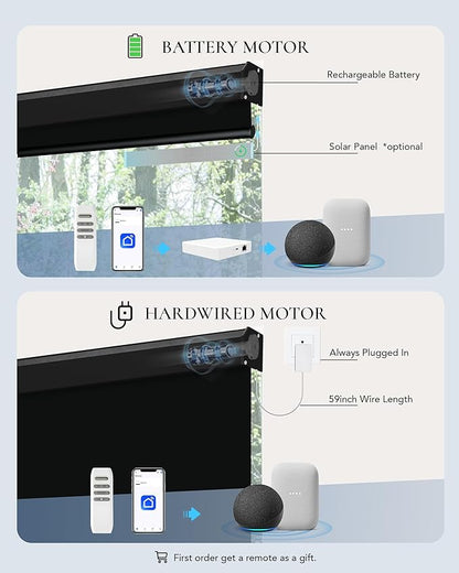 Motorized Blinds Compatible with Alexa Google Custom to 115" Width 100% Blackout Smart Blind Automatic Large Window Roller Shades Remote Control Vinyl Black