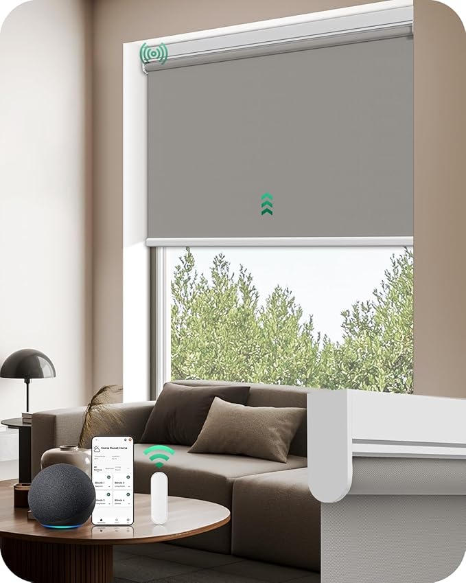 Allesin Motorized Blinds with Remote | Automatic Blackout Roller Shades, Easy Install & Smart Control Electric Blinds for Home Office, Living Room (Gray 34" W x 72" H)