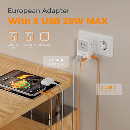 TESSAN European Travel Plug Adapter, Foldable EU Plug, PD 28W