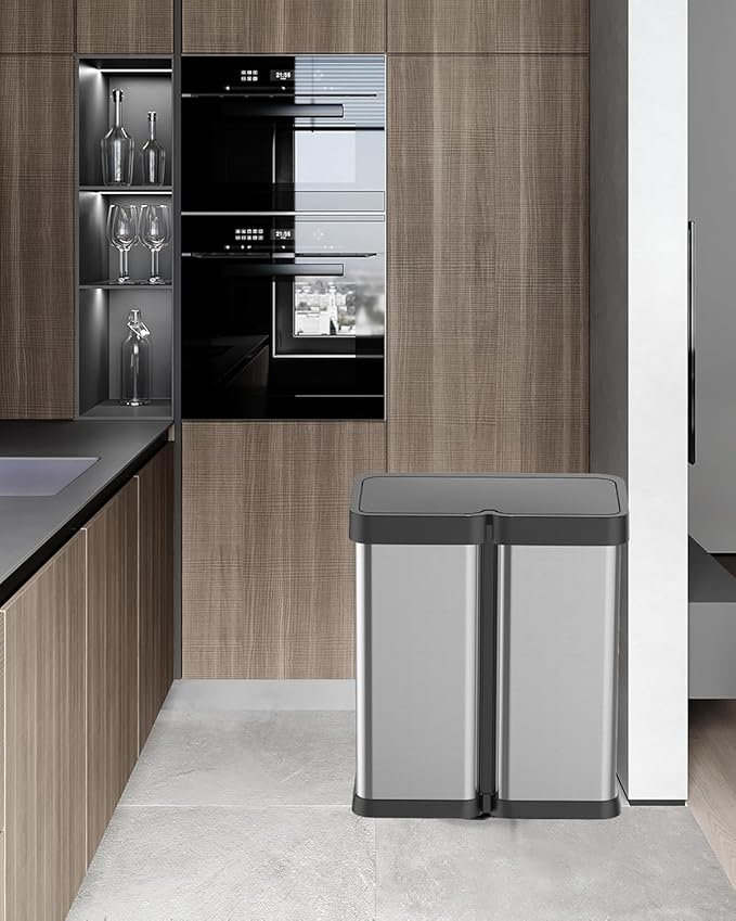 OUTLANE 2x8 Gallon/60L Dual Kitchen Trash Can, Motion Sensor Dual Garbage Can with Soft Close Lid, Automatic Stainless Steel Recycle Bin Combo for Kitchen, Bathroom, Office