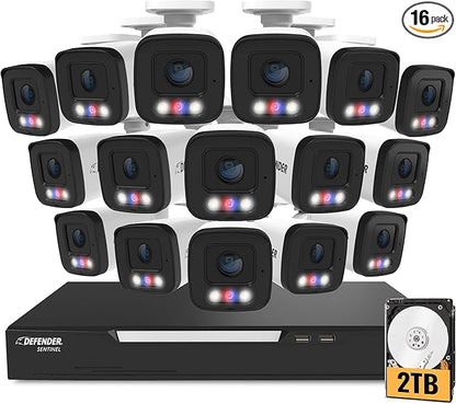 Defender AI Powered Sentinel 4K 16CH PoeE Security Camera System, 16pcs NVR Metal Outdoor Surveillance Cameras, 2TB HDD, SMART AI Human Detection, Blue/Red Lights, Works w/Empower App
