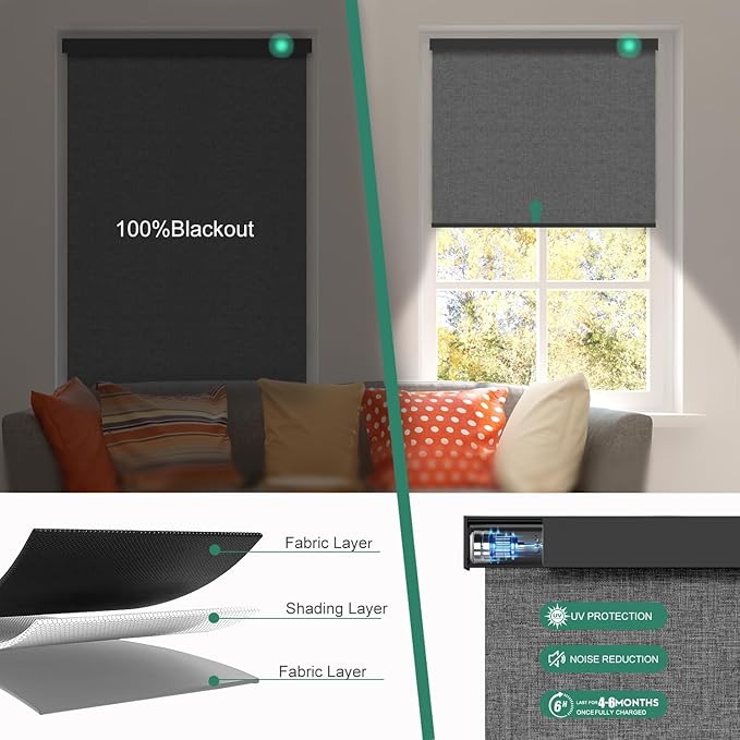 Motorized Blinds with Remote [100% Blackout & Silent Motor] Smart Blinds Compatible with Alexa Google HomeKit, Electric Roller Shades for Indoor Windows, Customized Size, Mist Dark Grey
