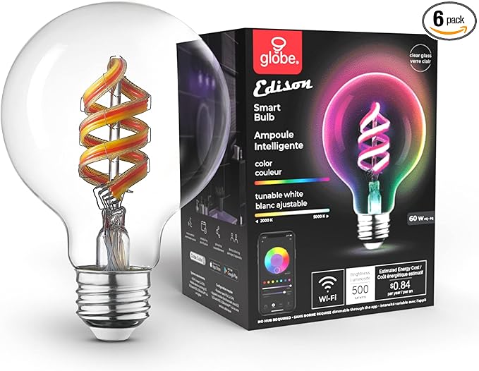GLOBE Electric 35851 Wi-Fi Smart 7W (60W Equivalent) Spiral Filament Multicolor Changing LED Light Bulb, No Hub Required, Voice Activated, 2000K-5000K, G25 Shape, E26 Base, Vintage Edison (Pack of 6)