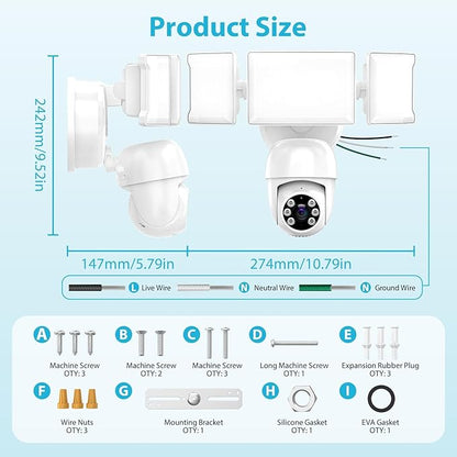 Olafus Floodlight Camera Outdoor，5500LM Motion Sensor Light with Camera，2K HD Home Security Light Wired，Color Night Vision，Two-Way Audio，7/24 Record，Compatible with Alexa/Google （White）