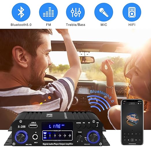 Stereo Audio Amplifier for Home Speakers S-288 Bluetooth 5.0 HiFi Mini Audio Component Amplifiers Receiver 4.0CH RMS 40Wx4 Max. 600W Integrated Power Amp W/USB,FM,Adapter