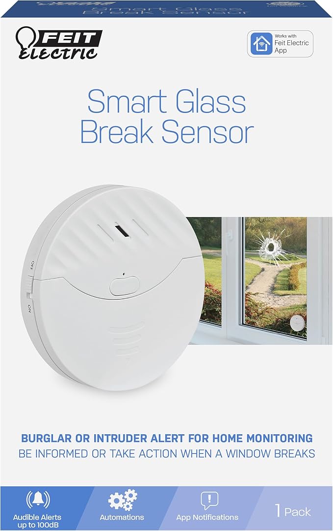 Feit Electric Smart Wi-Fi Glass Break Sensor with Audible Alarm, Wireless, 24/7 Home Security System with Mobile App Notification, Battery Operated, No Hub Required, Indoor Use Only, GLASSBREAK/WiFi