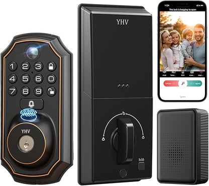 YHV Keyless Entry Door Lock with Camera Fingerprint Smart Door Lock with App Remote Control, Wi-Fi Connected Electronic Keypad Code Deadbolt Auto Unlock for Front Door