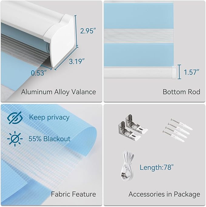 Interior Window Shades, Smart Dual Layer Light Filtering Blinds Compatible with Alexa & Google Home, Customized Size Cordless Electric Window Shades, (Blue, 55% Blackout)