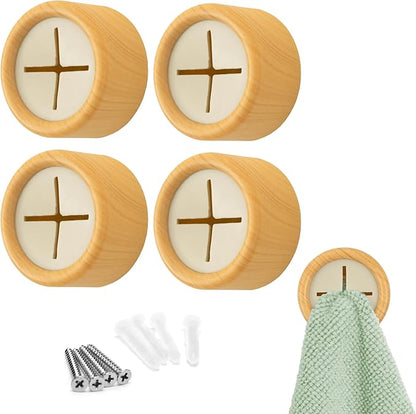 S&T INC. Adhesive Push Towel Hooks, 4 Pack, Bamboo | 2 Installation Options, Round Hooks for Kitchen, Bathroom, Garage and Home Use, Organization Hooks, Strong Grip