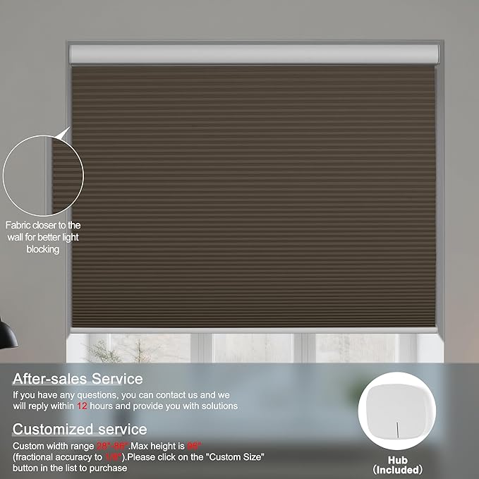 BERISSA Motorized Cellular Shades, Blackout Smart Honeycomb Blinds with Remote Control & Hub, Custom Room Darkening Automatic Cellular Window Blinds for Home Office, Living Room, Door,Brown