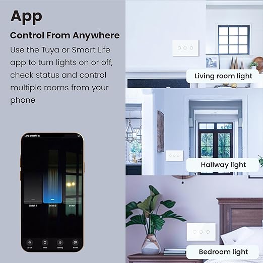 Smart Switch 118X72X34MM Neutral/No Neutral Wire Required, 2.4GHz Wi-Fi,Compatible with Alexa and Google Home 220V, White 3 Gang 1 Pack