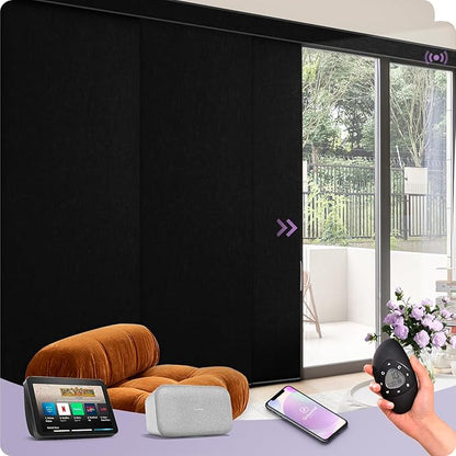 Graywind Rechargeable Smart Sliding Panels Blinds Compatible with Alexa Google Motorized Custom Panel Track Blinds Remote Control for Patio Sliding Door Closet Door Width Up to 177" (Matt Black)