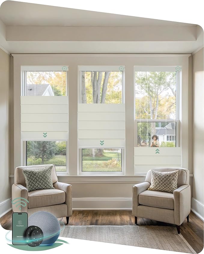 Yoolax Smart Top Down Bottom Up Roman Shades, Motorized Roman Shades with Remote, Blackout Smart Blinds Work with Alexa, Google Home, Apple Homekit for Living Room Bedroom, Customized (Woven Beige)