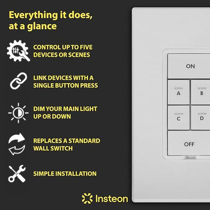 Insteon 6-Button Dimmer Keypad, in-Wall Smart Scene Controller - 2334-232 | Controls Up to 5 Devices, 150W LED, Dual-Band Smart Switch, Neutral Wire Required, Hub Required for Alexa & Google Assistant
