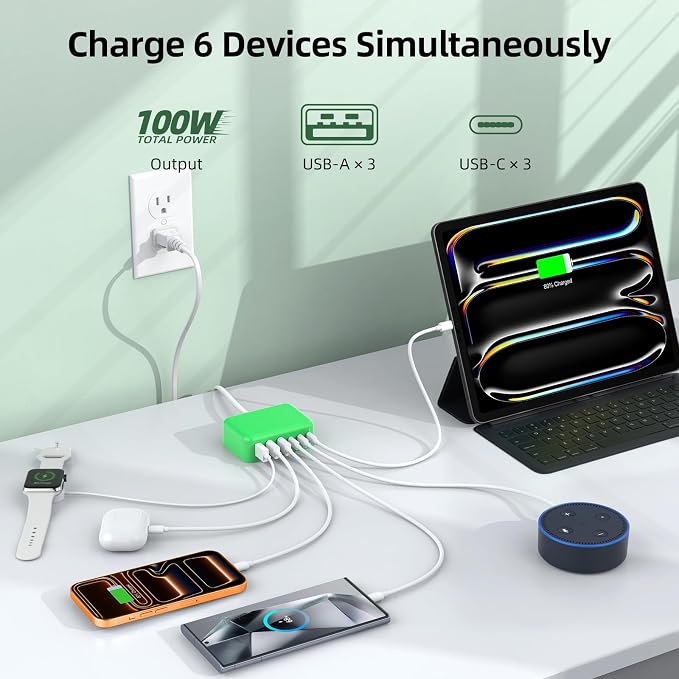 100W 6 in 1 USB Charger, 50% Smaller Charging Station for Multiple Devices | Fast Charging Blocks with Type C Port, USB Charging Hub Organizer Multiport Power Strip for iPhone,Samsung,Ipad,Kindle,Travel
