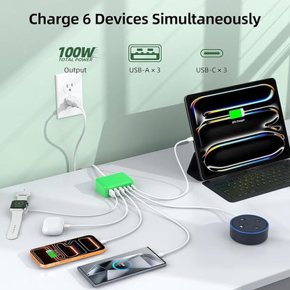 100W 6 in 1 USB Charger, 50% Smaller Charging Station for Multiple Devices | Fast Charging Blocks with Type C Port, USB Charging Hub Organizer Multiport Power Strip for iPhone,Samsung,Ipad,Kindle,Travel