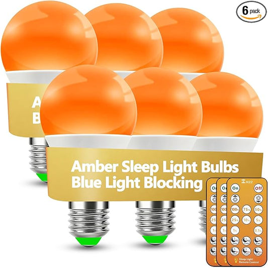 Sleep Light Bulbs Amber 1600K with Remote Control, E26 Blue Light Blocking A19, 9W for Sleep Therapy, Baby Nursery, Bedroom (6 Pack)