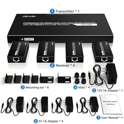 HDMI Extender Splitter 1 x 4, JCHICI 4K@30Hz 100M(328fts) HDMI Splitter with Loopout and EDID Copy Function, Lossless Transmission and Zero Latency, Support 3D