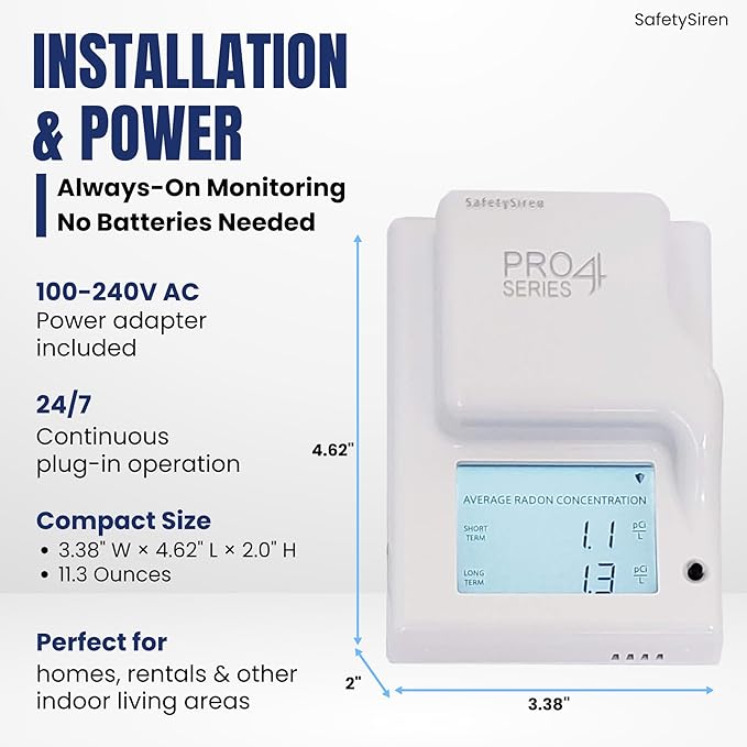 Safety Siren Pro4 Radon Gas Detector for Home, Continuous Indoor Radon Monitoring with Digital Display, LED Alerts, Long-Term Tracking and Alarm Functions - Pack of 3