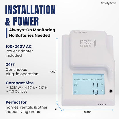 Safety Siren Pro4 Radon Gas Detector for Home, Continuous Indoor Radon Monitoring with Digital Display, LED Alerts, Long-Term Tracking and Alarm Functions - Pack of 3