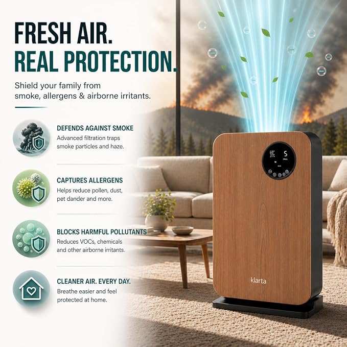 Air Purifier for Home - Smart WiFi App - Ultra Quiet 20 dB - Removes Allergens, Smoke & Odors - 99.97% Particle Filtration - Up to 1200 ft - Klarta Forste Silver